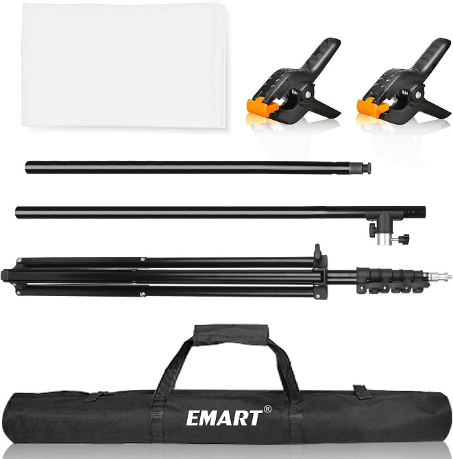 Фон для фотозйомки EMART White Background with Stand 1.5×2.6 м білий T-підстава регульована 94–260 см комплект з кліпсами і сумкою Київ - фото 5