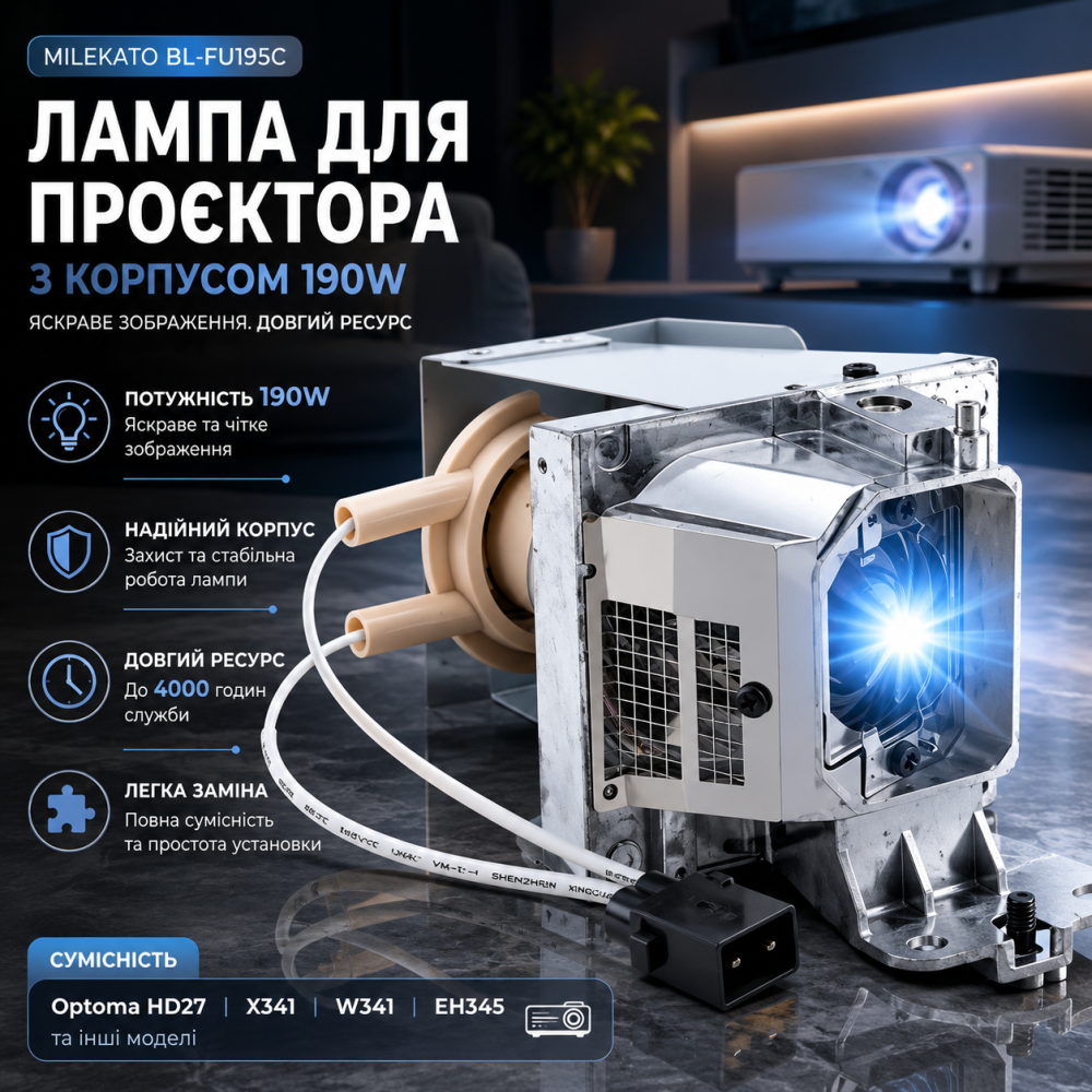 Лампа для проектора Milekato BL-FU195C з корпусом 190 Вт, модуль для Optoma HD27, X341, W341, EH345 та інших Київ - фото 7