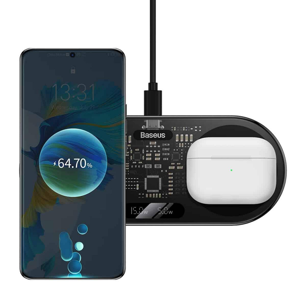 Беспроводное мультизарядное устройство Baseus Digital LED Display 2in1 Wireless Charger 20W Black Universal version Киев - изображение 5