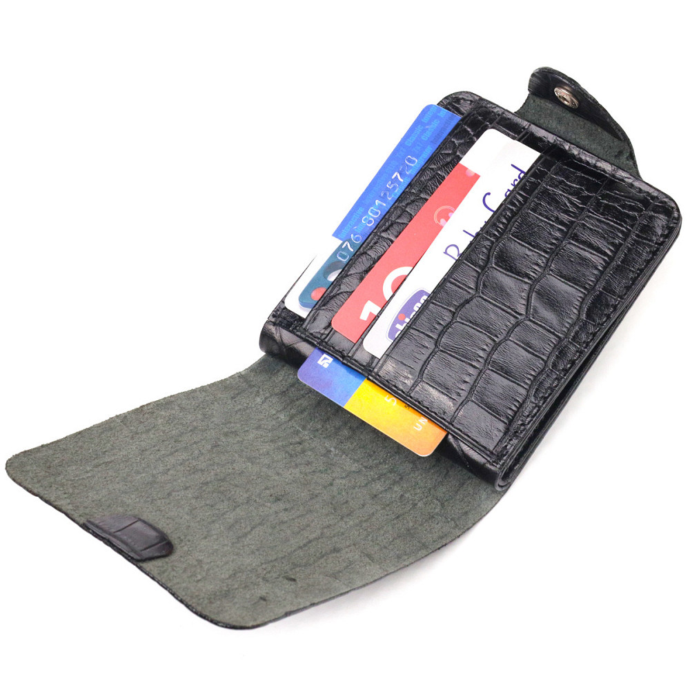 Стильное мужское портмоне в два сложения из натуральной фактурной кожи с тиснением под крокодила Черное (CANPELLINI) Киев - изображение 10