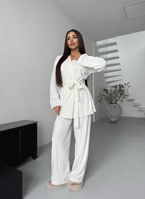 Жіночий стильний домашній костюм штани палаццо + кімоно, велюр Молочний, 46/48 Одеса - фото 8
