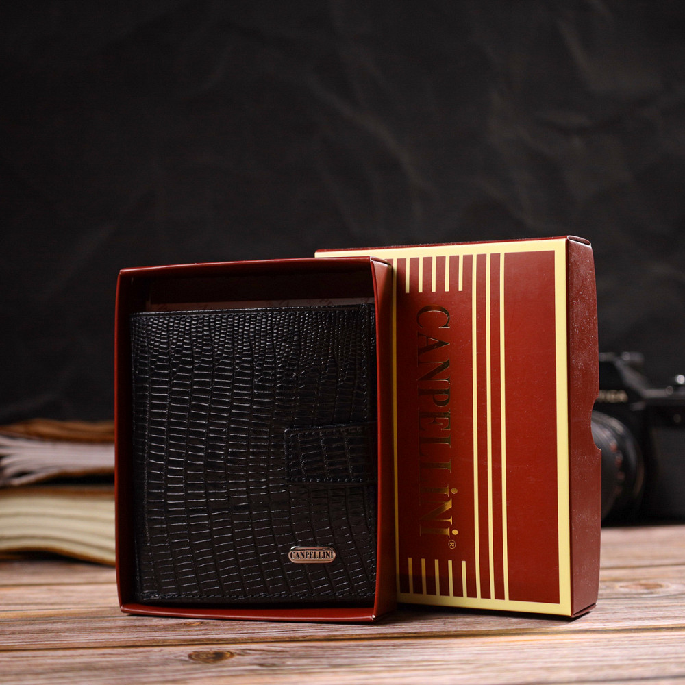 Фактурний чоловічий гаманець з натуральної шкіри з тисненням під крокодила CANPELLINI 21745 Чорний Київ - фото 1