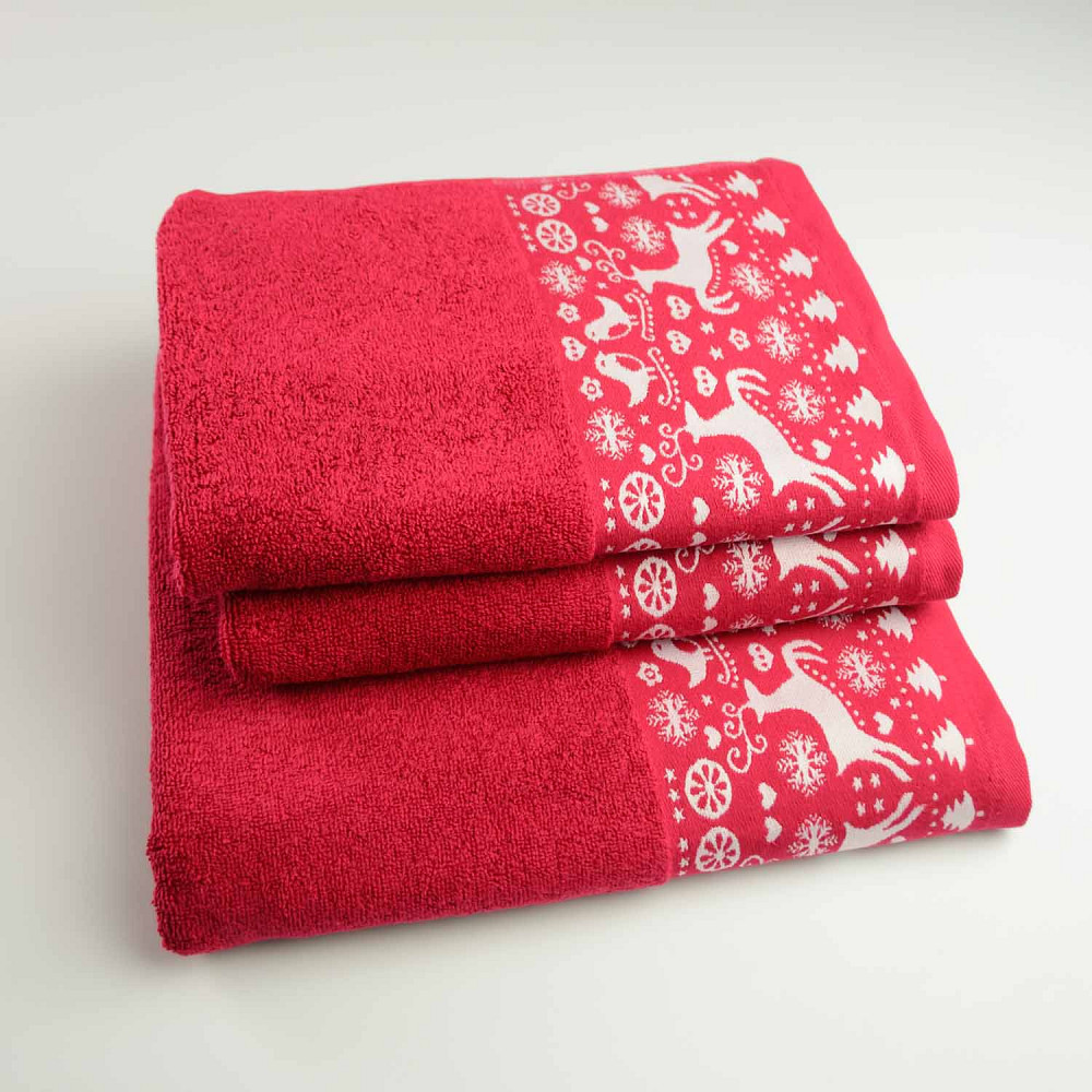 Комплект махровых полотенец Новогодние Merry Christmas Олени 3шт GM Textile 50х90см, 50х90см, 70х140см 500г/м2 (Красный) Сумы - изображение 1