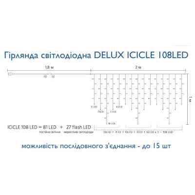 Гірлянда Delux ICICLE 108LED 2x1 м Жовтий flash Білий/Білий IP44 (90015177) Вінниця