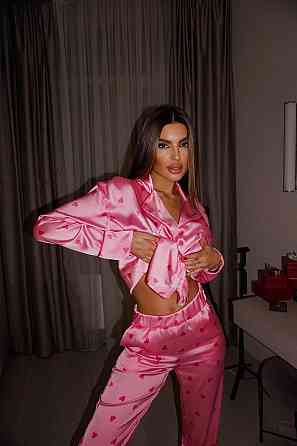 Женская пижама двойка с сердечками из шелка армани. Малиновый, 44/46 Одесса