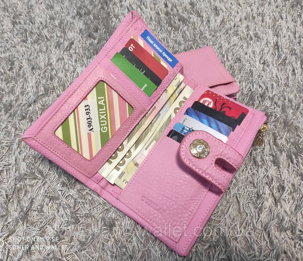Гарний рожевий жіночий шкіряний гаманець на кнопці та змійці Guxilai Київ - фото 4