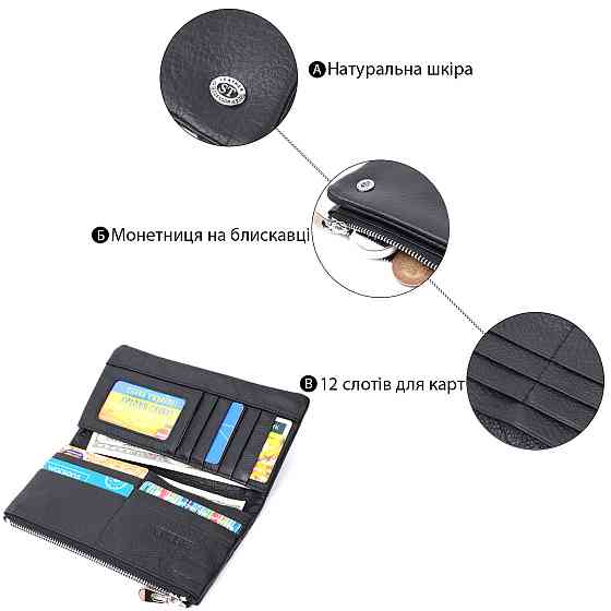 Вертикальний гаманець унісекс із м'якої натуральної шкіри ST Leather 22743 Чорний Київ