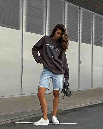 Жіночий теплий оверсайз світшот з накатом тринитка на флісі Графіт Одеса