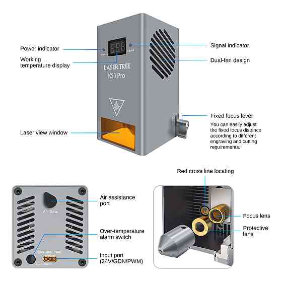 Потужний лазер з подачею повітря 20 Вт 450 нм Laser Tree K20 Pro для різання та гравіювання CNC Київ