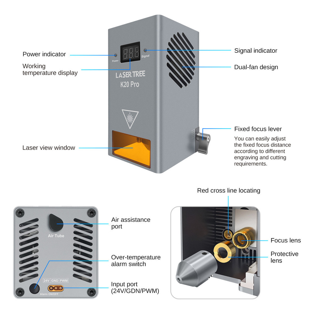 Потужний лазер з подачею повітря 20 Вт 450 нм Laser Tree K20 Pro для різання та гравіювання CNC Київ - фото 5