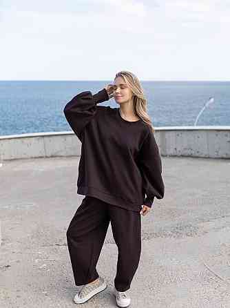 Женский оверсайз костюм: объемная кофта с трендовыми брюками бананами турецкий дабл фейс 100% хлопок Шоколад Одесса