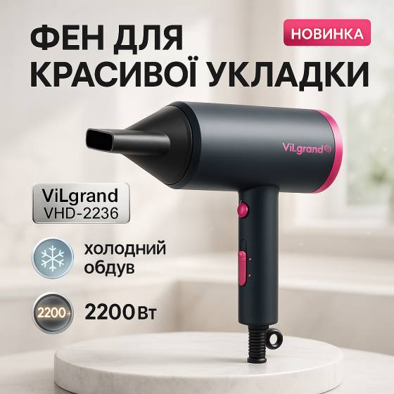 Фен практичний ViLgrand VHD-2236AIR 2200Вт, Фен для укладання волосся з функцією іонізації KU-96 Львів
