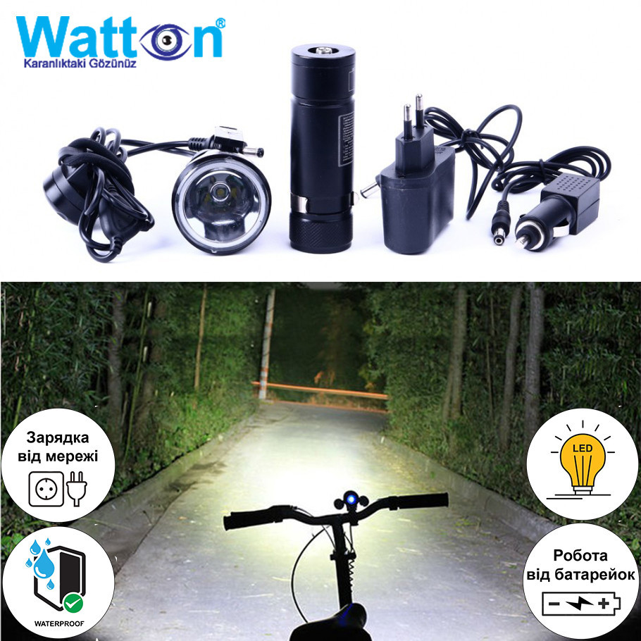 Велосипедний ліхтар передній акумуляторний світлодіодний Cree T6 Watton WT-272 велоліхтарик з кріпленням Кам'янець-Подільський - фото 4