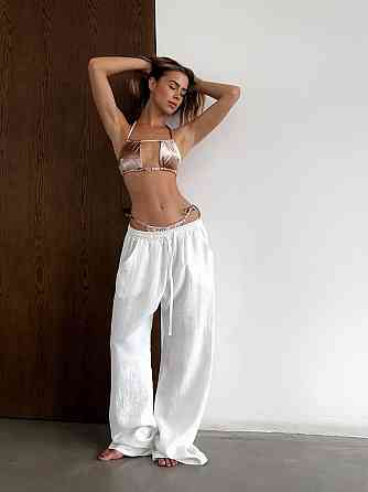 Женский летний оверсайз костюм двойка: рубашка и брюки из смягченного льна креш Молочный, 48/50 Одесса