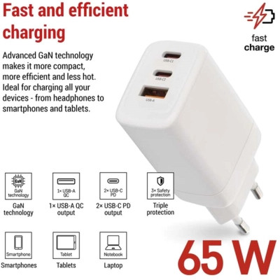 Зарядное устройство EMOS V05G65 1xUSB-A + 2xUSB-C PD65W GaN (V05G65) Винница - изображение 5