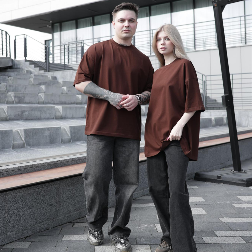 Парні футболки оверсайз(oversize) для чоловіка і дружини, для закоханих пар SANE коричневі Одеса - фото 1