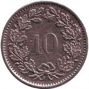 Монета 10 раппенов. 1974,80,54,61 год, Швейцария. Полтава