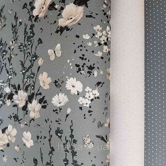 Шпалери вінілові на флізелін 0.53х10.05 Rasch Textil Petite Fleur 5.квіти прованс білі, бежеві, чорні на сірому Київ
