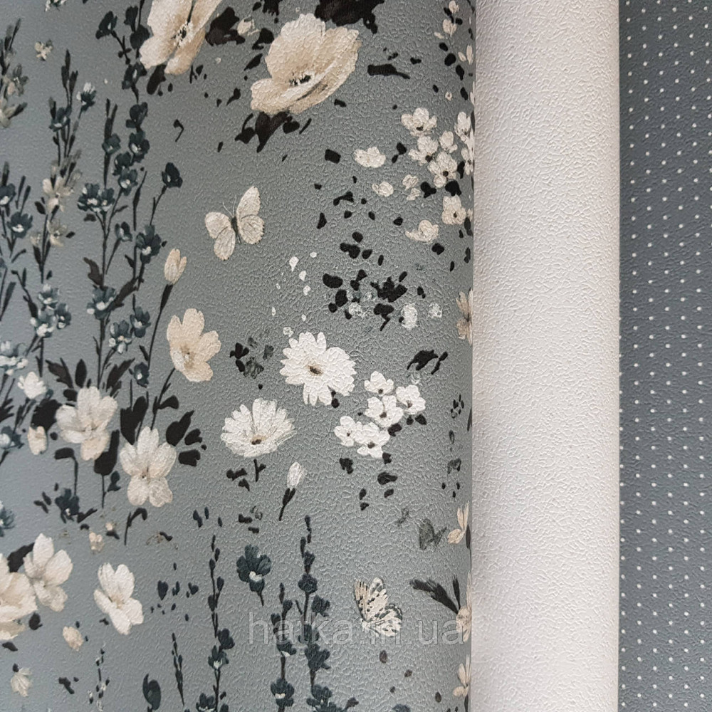 Шпалери вінілові на флізелін 0.53х10.05 Rasch Textil Petite Fleur 5.квіти прованс білі, бежеві, чорні на сірому Київ - фото 3
