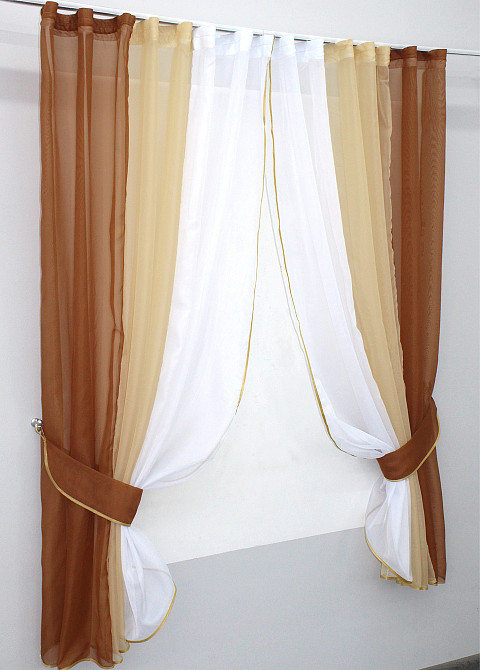 Кухонні штори VR-Textil № 054к комбіновані коричневий з бежевим і білим 400х170 см (50-640) Київ - фото 2