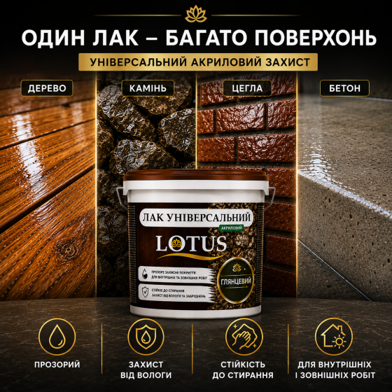 Лак універсальний акриловий LOTUS прозорий глянцевий без запаху зносостійкий для дерева, каменю, бетону та інших поверхонь 3 л Харків