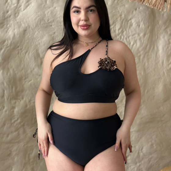 Роздільний купальник великого розміру з високою посадкою plus size з поролоновими чашками біфлекс чорний Одеса