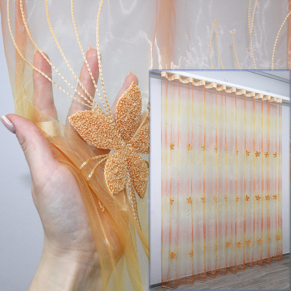 Тюль органза з вишивкою колір помаранчевий 1365т Київ - фото 1