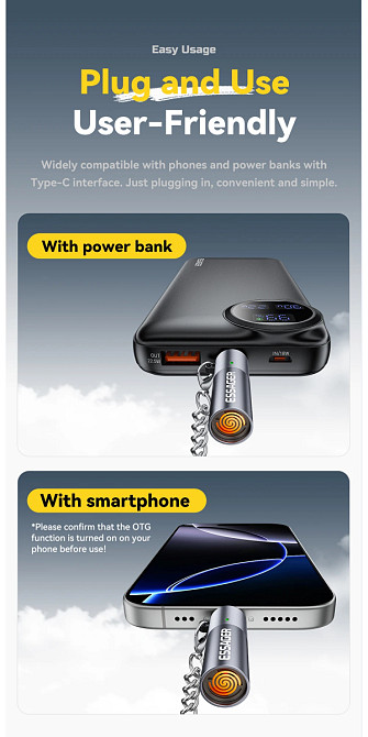 Адаптер-запальничка Essager Type-C з вольфрамовим дротом, без полум’я, безпека для авіаперельотів, авто-вимкнення, OTG-сумісна з телефонами Миколаїв - фото 4