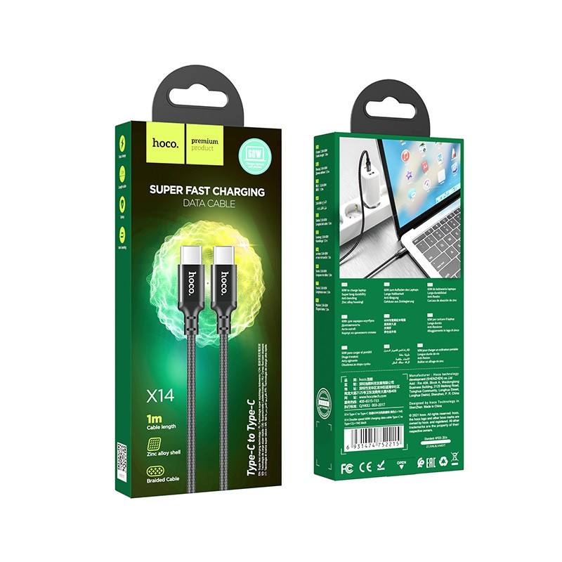 Кабель HOCO X14 Type-C to Type-C 60W, 1m, nylon, aluminum connectors, Black Київ - фото 2