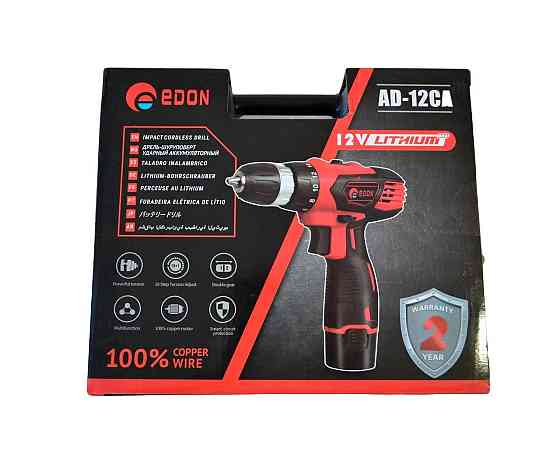 Акумуляторний шуруповерт Edon AD-12CA, 12 В, 2 А/год, 1350 об/хв, 23 Нм, 2 швидкості, 2 акумулятора, кейс Київ