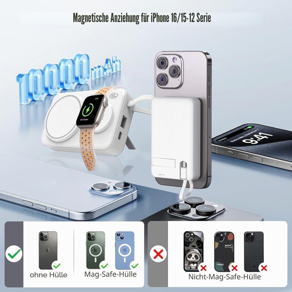 Магнитный повербанк EEAABBR 10000 мА·ч 3-в-1, беспроводная зарядка 15 Вт, USB-C 20 Вт, USB-A 22.5 Вт, для iPhone, Apple Watch Киев - изображение 4