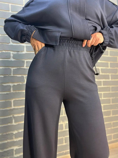 Костюм женский CREP 99231 ткань бифлекс кардиган на молнии наложеные карманы и брюки палаццо графит, графит, M Киев - изображение 8