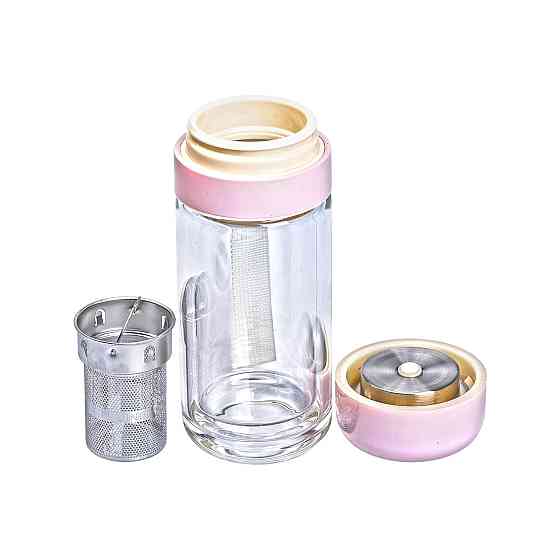 Термос стеклянный Hexagram с двойными стенками и заварником 240 мл розовый HP-14-40P Киев