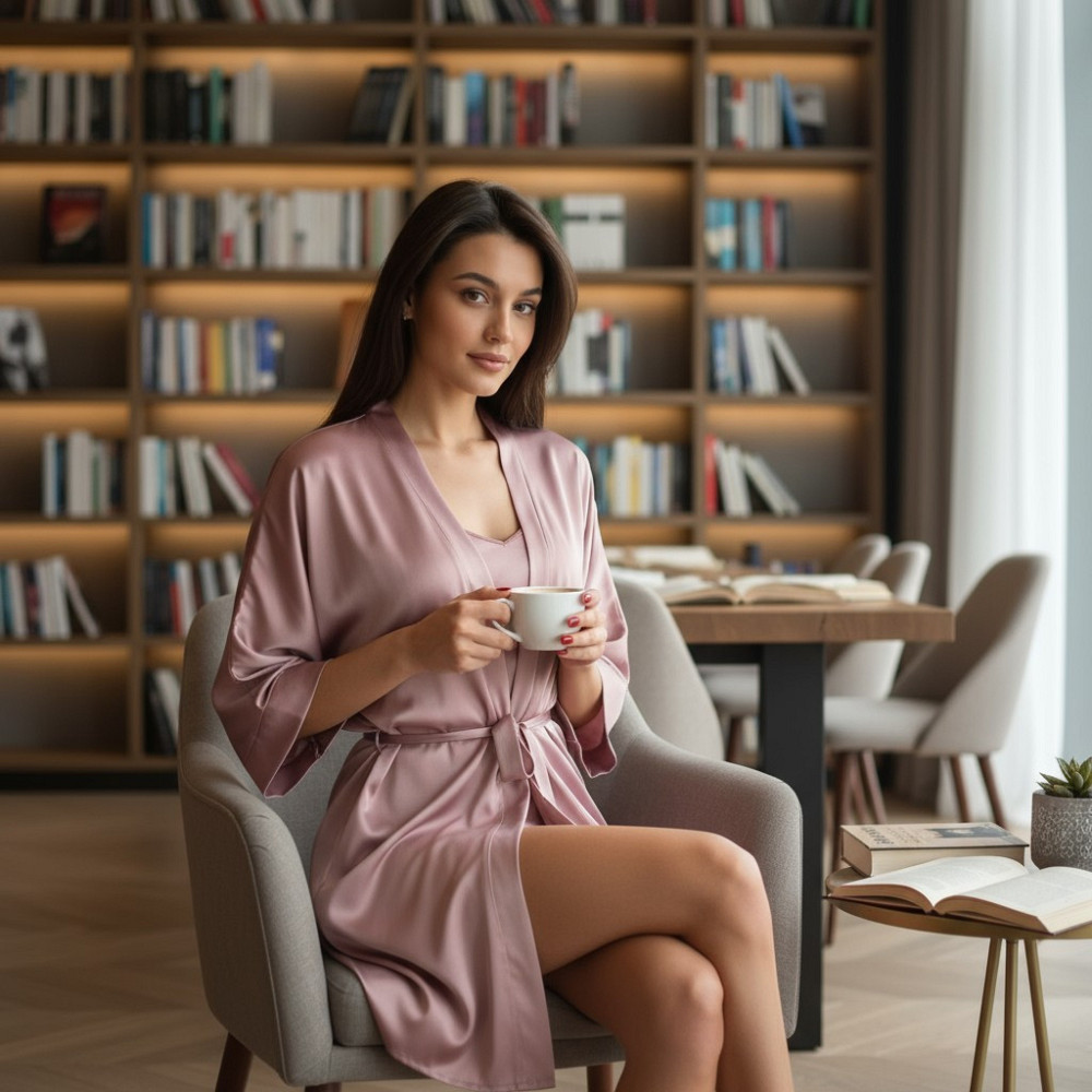 Халат женский шелковый под пояс длина 90см Пудровый 3XL/4XL Харьков - изображение 2