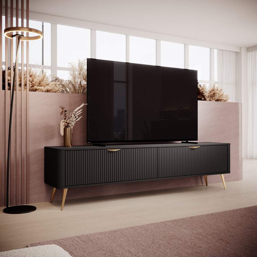 Тумба під телевізор Perfect Home Ланте / Lante 2-дверна з золотими ніжками 2D/200 Чорний (PFH-091193) Дніпро - фото 1