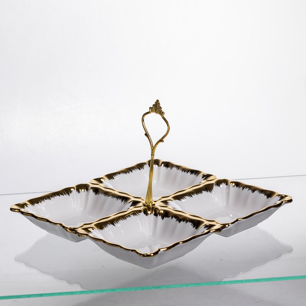 Менажниця порцелянова на 4 секції для закусок тарілка менажниця 22.5×22.5×3 (см) менажниця з ручкою Білий з золотом LC-BYL-101 Київ - фото 3