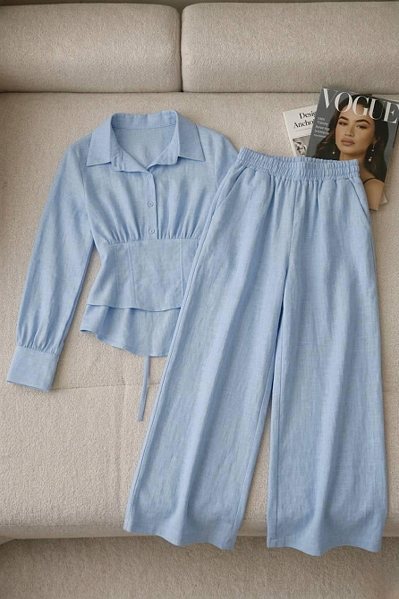 Жіночий стильний трендовий повсякденний костюм льон жатка Блакитний, 42/46 Одеса - фото 3