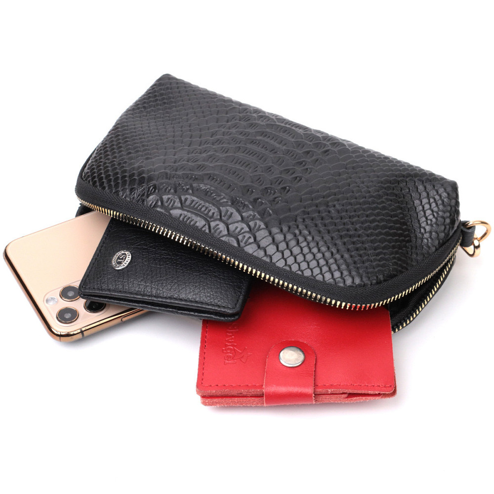 Фактурная женская барсетка из натуральной кожи с тиснением под змею Vintage 22272 Черный Киев - изображение 7