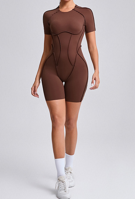 Женский фитнес комбинезон короткий с фактурными швами M Коричневый Кофе Шоколад, спортивный костюм с шортами трико боди для йоги спортзала М Днепр - изображение 2