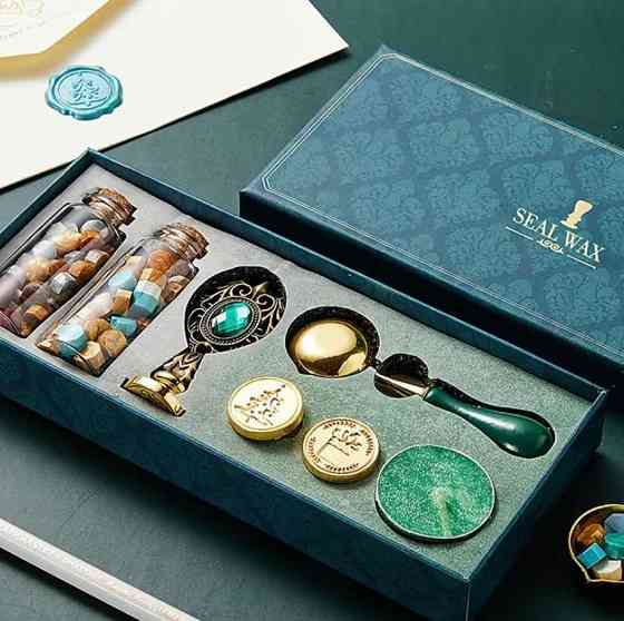 Набор для сургучных печатей с ложкой и сменными штампами, воск в гранулах, подарочный бокс Киев
