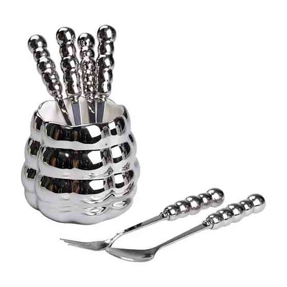 Набір десертних виделок і ложок на 3 персони з підставкою з порцелянау 7 предметів Сірий HP-20-61 Коломия