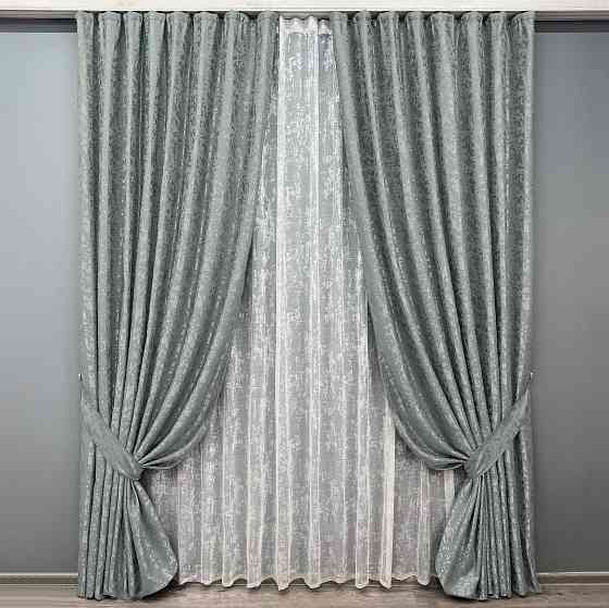 Комплект штор VR-Textil Льон Мармур 150х270 2шт і Тюль 600х270 1264ш-1400т Сірий з білим 71-134/5 Київ
