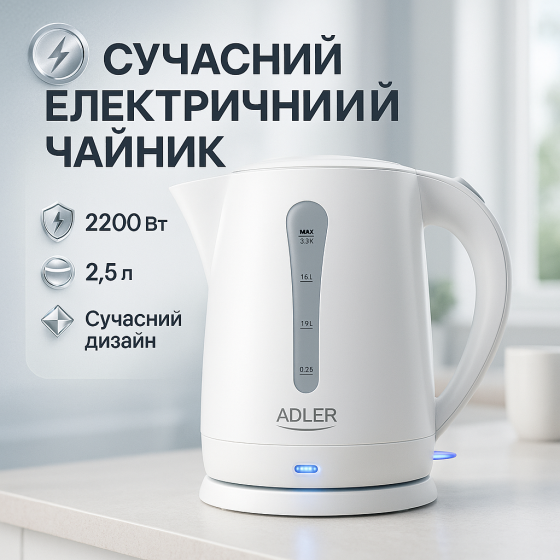 Побутовий чайник для кухні Adler AD 1244 2200Вт 2.5Л, Надійний хороший електричний чайник EC-39 Львів