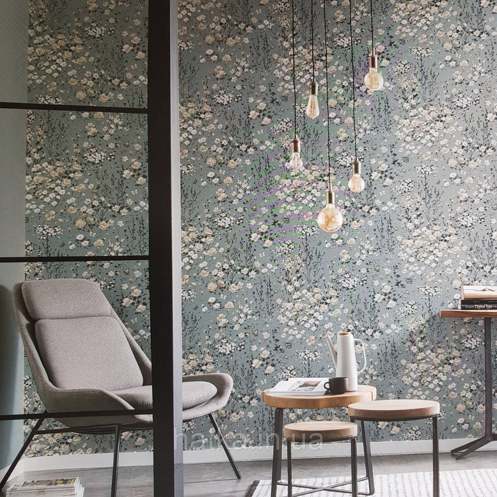 Шпалери вінілові на флізелін 0.53х10.05 Rasch Textil Petite Fleur 5.квіти прованс білі, бежеві, чорні на сірому Київ - фото 1