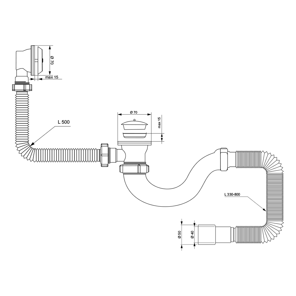 TAU Сифон для ванны прямоточный с пробкой на цепочке и гибким отводом Ø40/50мм TAU (9843820) Київ - фото 5