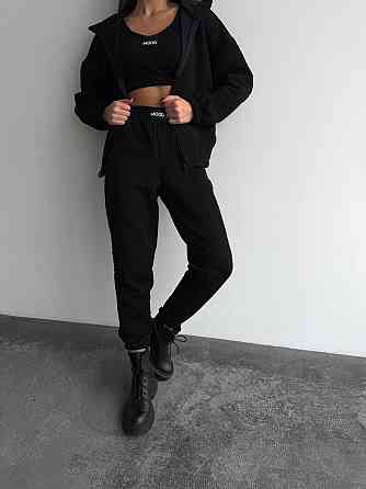 Жіночий прогулянковий костюм-трійка: кофта топ і штани Капітон Чорний, 42/44 Одеса