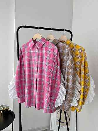 Женская стильная оверсайз рубашка в клетку с акцентными рукавами Розовый Одесса