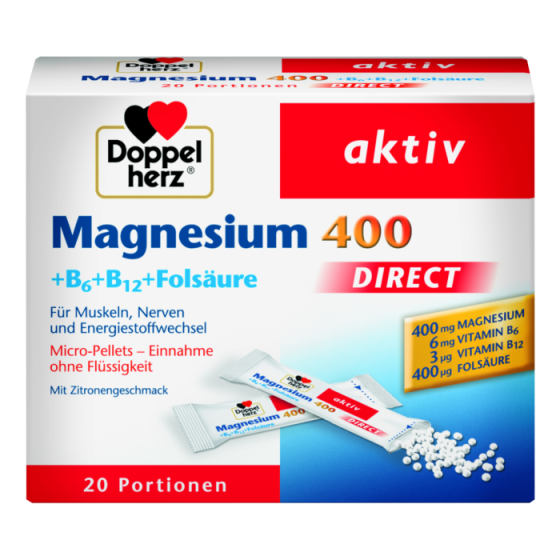 DOPPELHERZ AKTIV DIRECT: магний 400 + B6 + B12 + фолиевая кислота, растворимые микрогранулы, 20 пакетики Киев