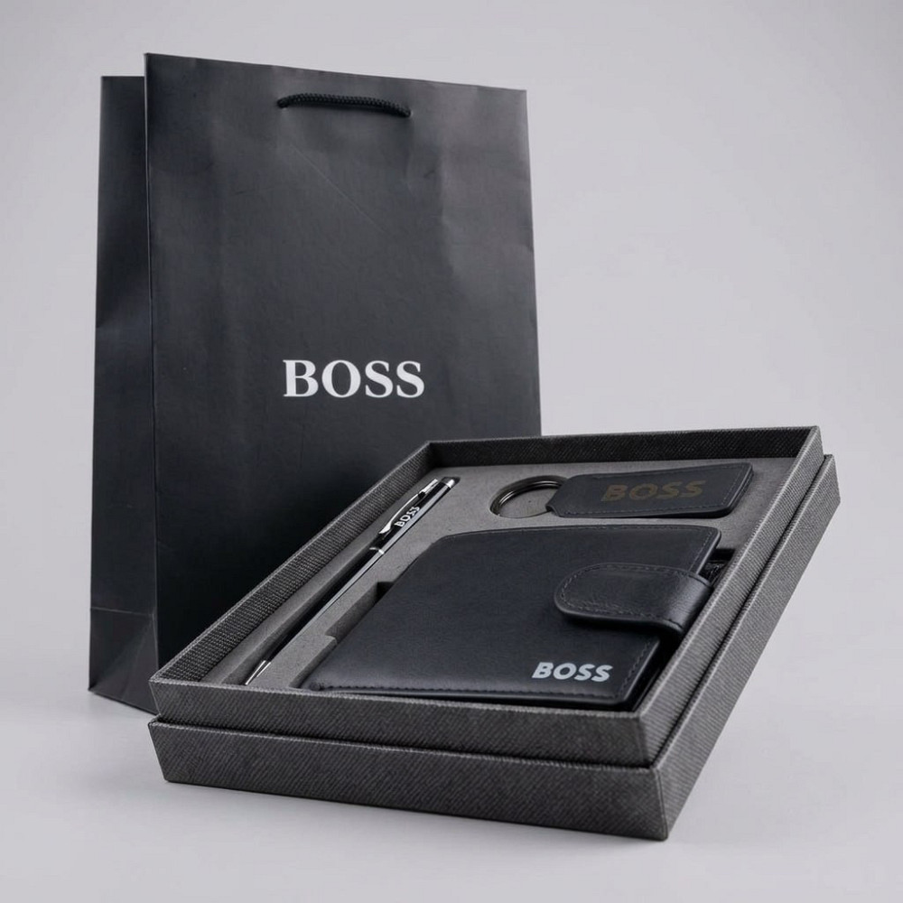 Мужской подарочный комплект, кошелек с брелоком и ручкой Boss (7704-3) Киев - изображение 8
