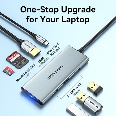 Концентратор Vention USB 3.1 Type-C to HDMI/USB 3.0x3/SD/TF/PD 100W 7-in-1 (TOPHB) Вінниця - фото 11